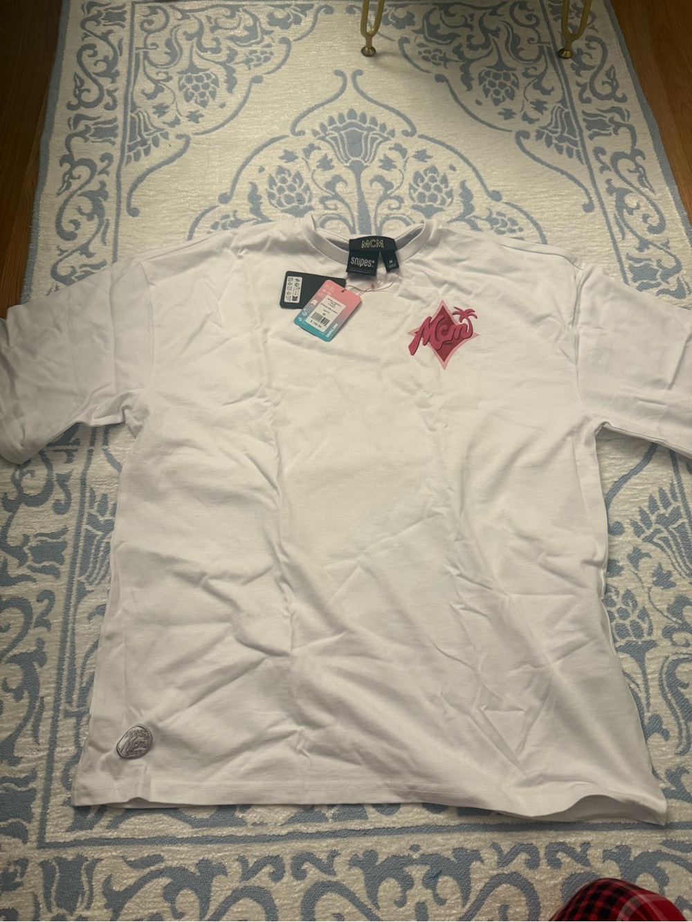 MCM x Snipes White Short-Sleeve Tee with Pink Palm Logo